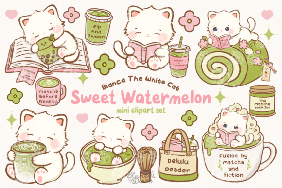 Download Kawaii Bookish Matcha Cat Clipart - Premium Resources