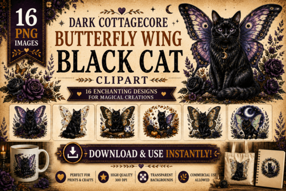 Download Dark Cottagecore Wing Black Cat Clipart - Premium Resources